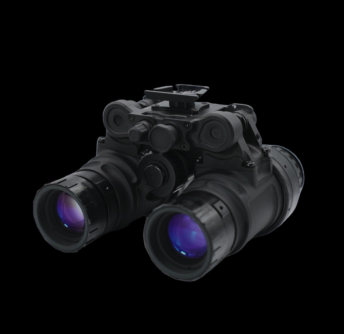 Night vision goggles with purple lenses on a gray background