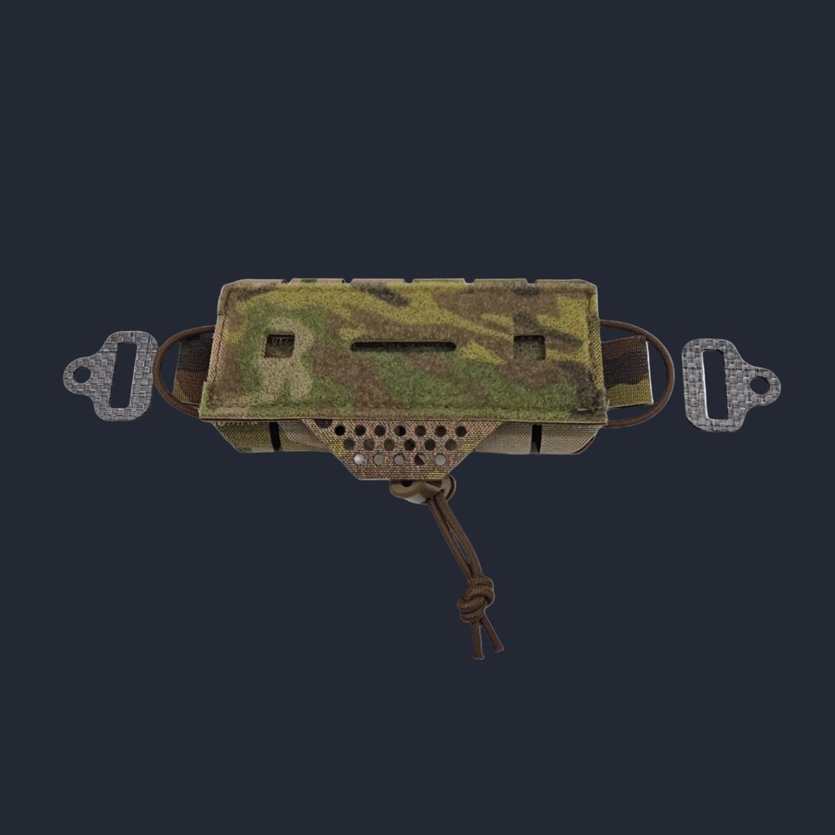 A NVG counterweight designed to stabilize and offset the weight of night vision goggles on a helmet, featuring a camouflage pattern and multiple attachment straps.