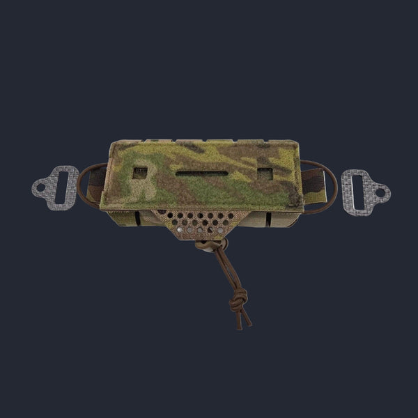 A NVG counterweight designed to stabilize and offset the weight of night vision goggles on a helmet, featuring a camouflage pattern and multiple attachment straps.