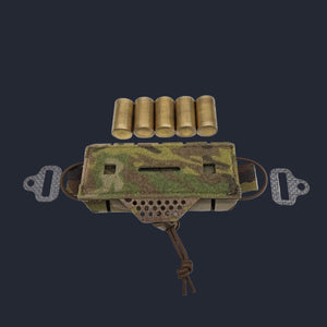 Camouflage hunting bow sight with four gold nocks on a white background