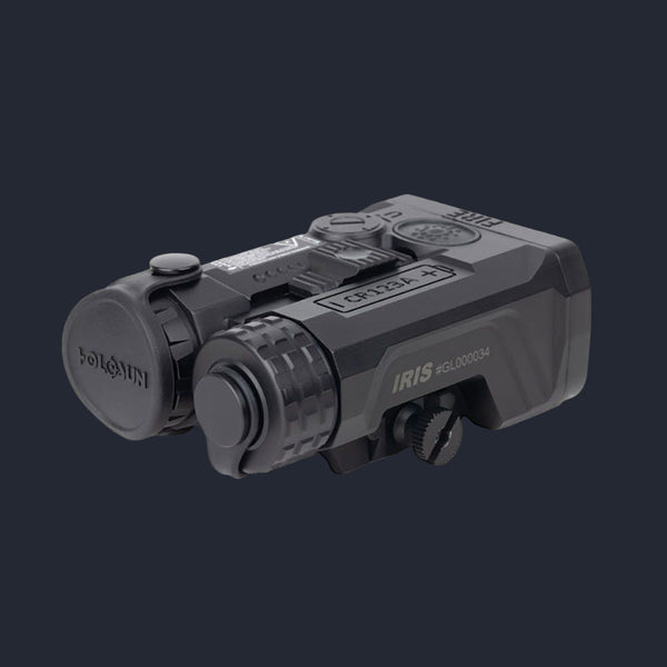 A black Holosun IRIS-3 LAM, which is a triple function multi-laser device, including an IR illuminator, green laser, and red laser, with visible buttons and adjustment knobs.
